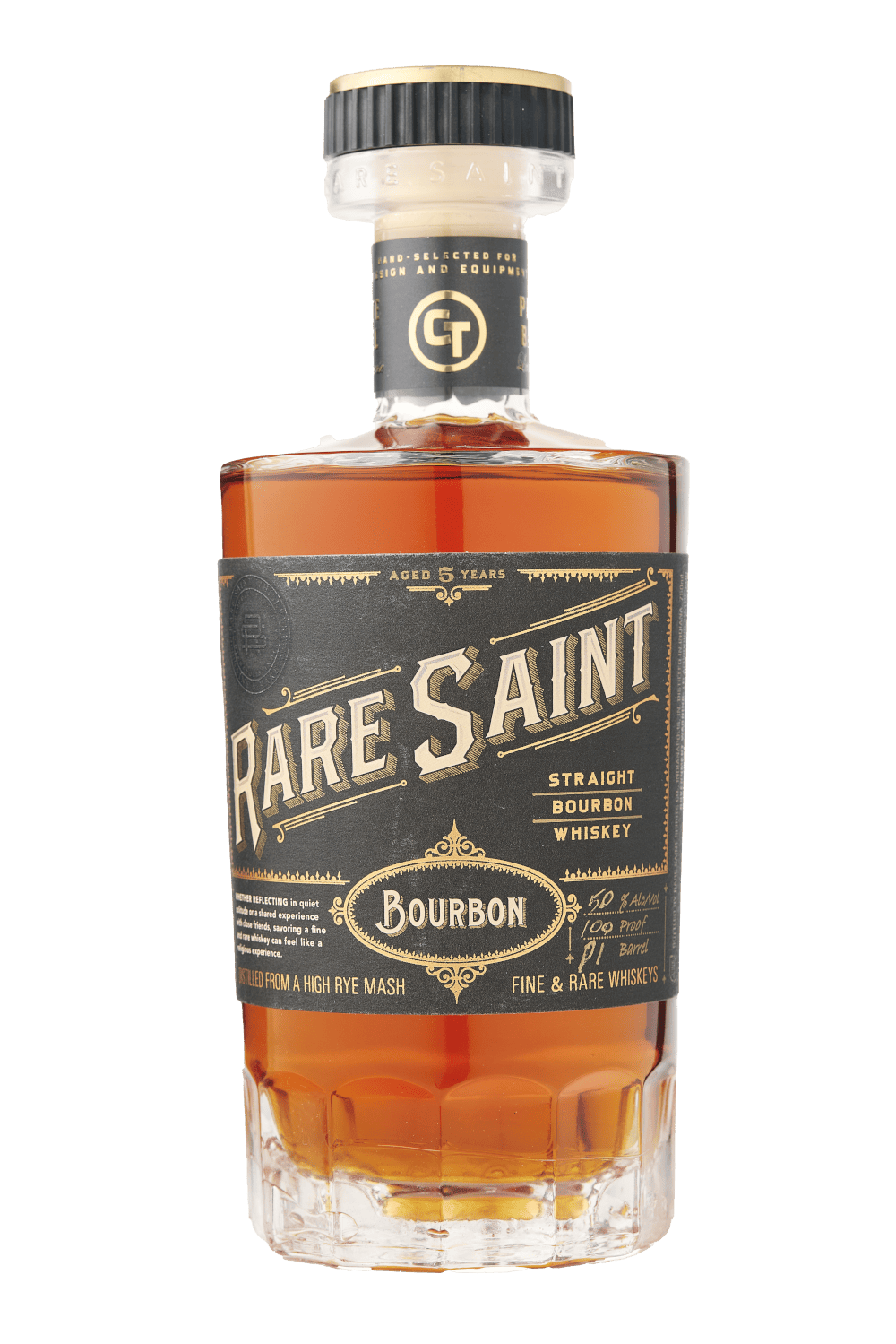 Full Rare Saint bourbon bottle showing label and amber whiskey.