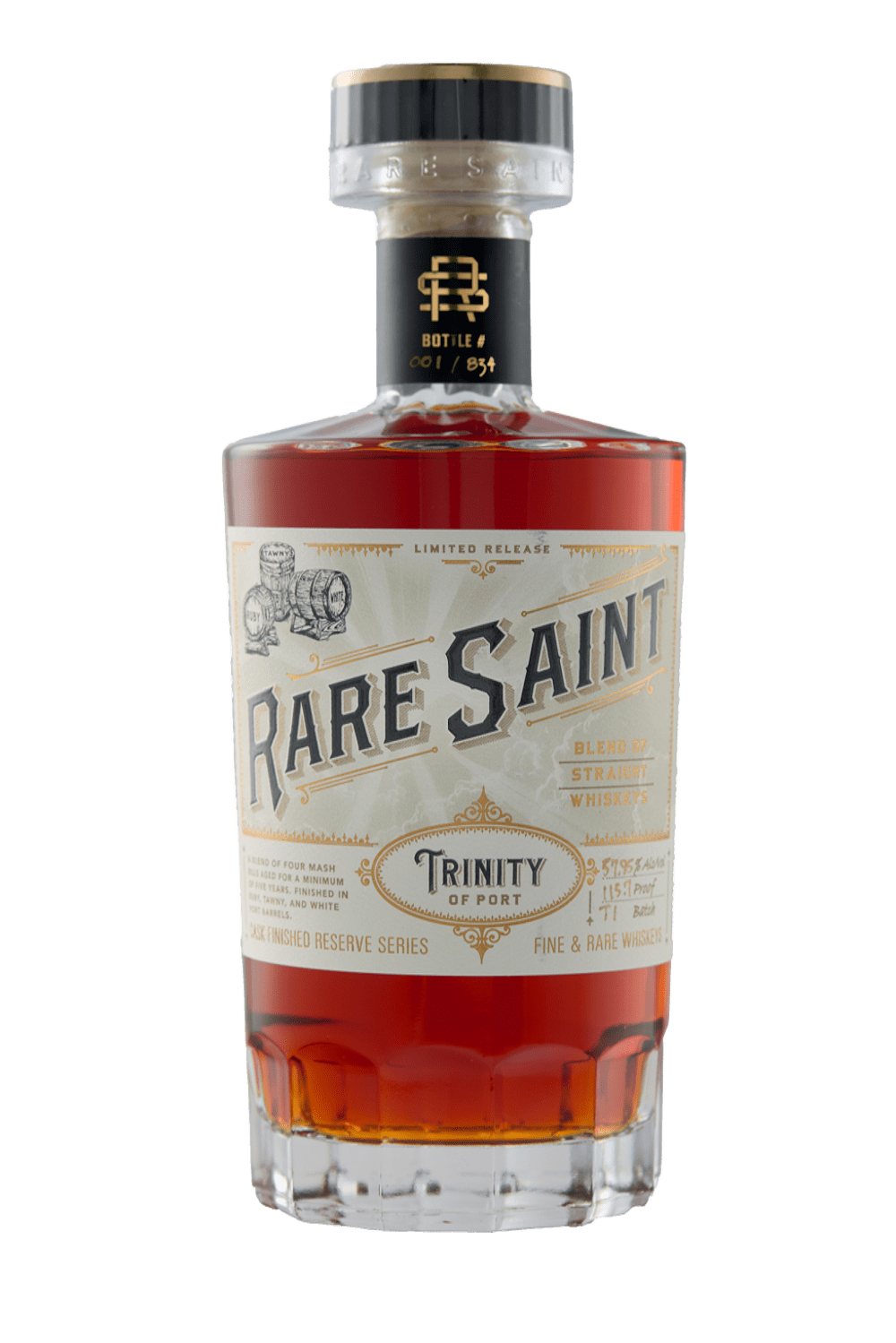 Close-up of a Rare Saint Trinity of Port whiskey bottle with amber liquid and an ornate cream and gold label.