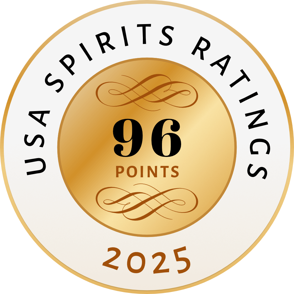 Gold award badge reading "USA Spirits Ratings 2025 – 96 Points" with elegant scrollwork in the center.