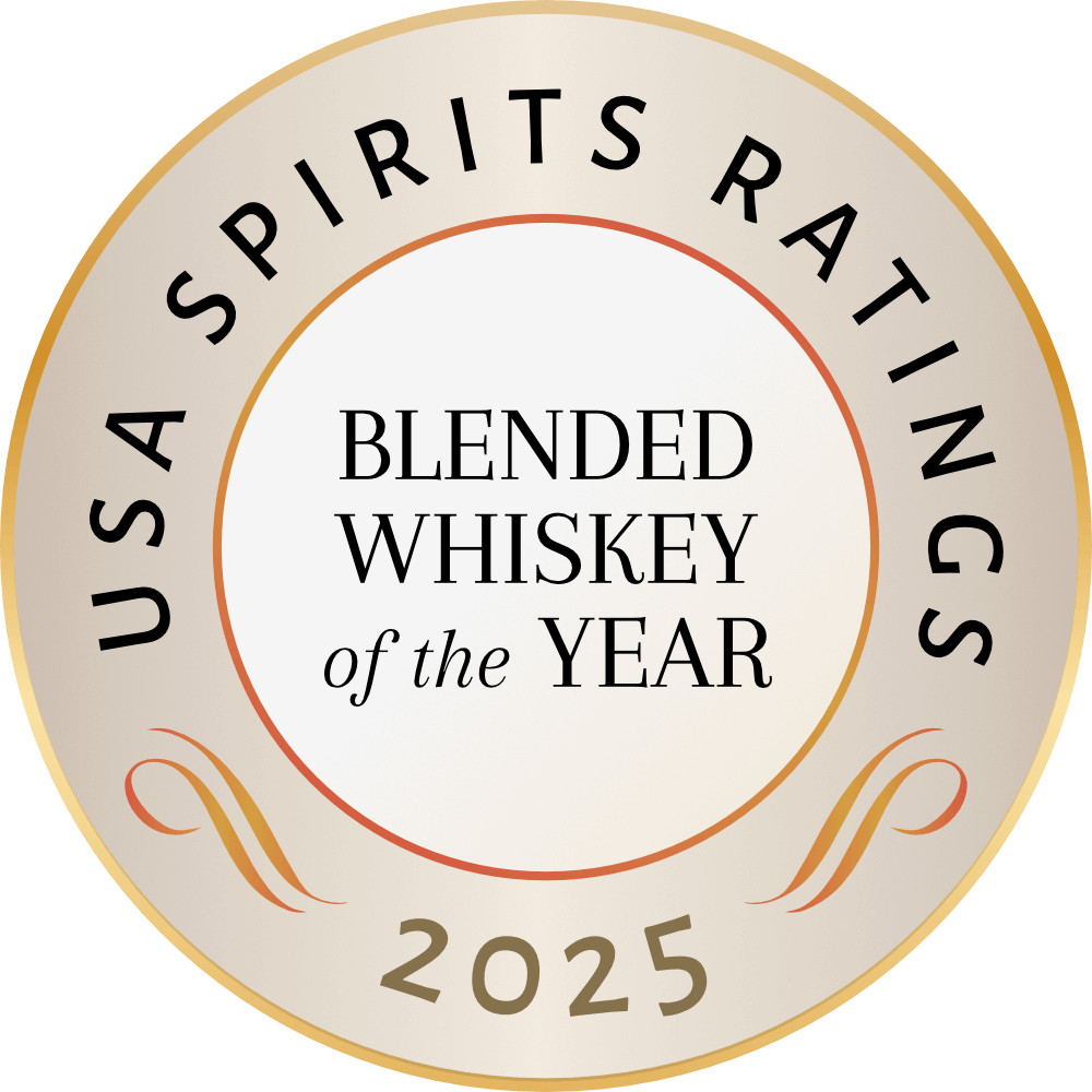 Gold and white award badge reading "USA Spirits Ratings 2025 – Blended Whiskey of the Year."