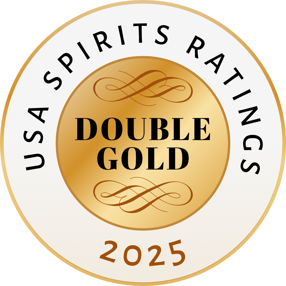 Gold award badge reading "USA Spirits Ratings 2025 – Double Gold" with decorative scrollwork.